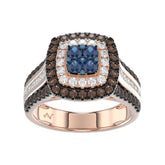 Bold And Elegant 14K Rose Gold Ladies Ring Featuring 1.50Ct Round Diamonds In Blue, Dark Brown , And White Tones. A Striking Multi-Stone Design Perfec