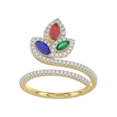 Elegant Multi-Stone 14K Yellow Gold 0.75Ct Ladies Ring With Ruby, Sapphire, Emerald, And Marquise Diamonds. A Classic And Colorful Luxury Jewelry Piec