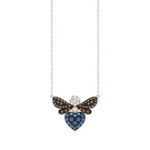 14K Rose Gold Ladies Butterfly Necklace With Colorful Diamond Accents In Blue, Dark Brown, And Round Cuts. A Stylish 0.33 Ct Jewelry Necklace