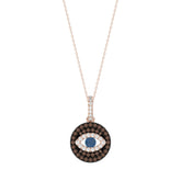 Elegant 14K Rose Gold Evil Eye Pendant For Women Featuring 0.50 Ct Round, Dark Brown, And Blue Diamonds. Includes Chain For A Complete Look.