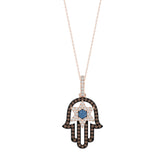 Elegant 14K Rose Gold Hamsa Hand Pendant For Women Featuring 0.50 Ct Round, Dark Brown, And Blue Diamonds. Includes Chain For A Complete Luxury Look.
