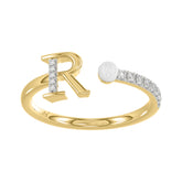 Stylish 10K Yellow Gold Ladies Ring Featuring Letter “R”, Luminous Pearl, And Round Diamond Accents. A Delicate 0.10Ct Fine Jewelry Piece.