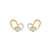 Elegant 10K Yellow Gold Fashion Earrings Featuring A Double Heart Design With 0.15 Ct Round Diamonds. A Romantic And Stylish Ladies Jewelry