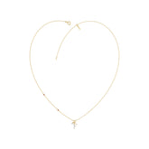 Stylish 10K Yellow Gold Ladies “F” Letter Necklace Featuring Round Ruby Diamonds And Pearl Accents. A Delicate And Personalized Fine Jewelry