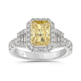 Luxury 14K White Gold 2.3/4Ct Round/Baguette & Radiant Lab Grown Diamond Engagement Halo Ring Yellow 2.00 Ct Radiant Cut Center