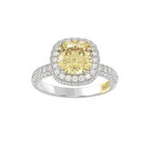 14K WHITE GOLD CRAFTED WITH 18K YELLOW GOLD SHANK 4.00CT ROUND/YELLOW CUSHION DIAMOND LADIES RING (CENTER STONE CUSHION YELLOW DIAMOND 3.00CT)