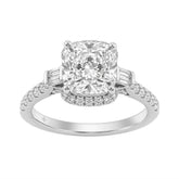Elegance Ladies 3 1/2CT Round/Baguette/Cushion Lab Grown Diamond Bridal Ring 14K White Gold Ladies Engagement Ring with 3.00CT Cushion Center stone (Color F-G -Clarity VS1/VS2))