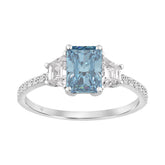 14K White Gold 1 1/2CT Trapezoid/Round/Radiant Cut Blue Diamond Three-Stone Engagement Ladies Ring 1.00CT Radiant Center stone (Color F-G -Clarity VS1/VS2)