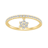 Elegant 10K Yellow Gold 1/4Ct Ladies Ring With Round Diamond Accents And Dangling Flower Charm