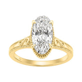 LADIES 14K Yellow Gold 2 1/6Ct Diamond Engagement Ring Elongated Oval Cut Center With Round Side Stones, Elegant Fine Ring 2Ct Oval Center Stone (Color F-G -Clarity Vs1/Vs2)