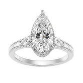 LADIES 14K White Gold 2 1/6Ct Diamond Engagement Ring Elongated Pear Cut Center With Round Side Stones, Elegant Fine Ring 2Ct Pear Center Stone (Color F-G -Clarity Vs1/Vs2)