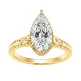 Luxury 14K Yellow Gold 2 1/6Ct Elongated Pear-Shaped Diamond Hidden Halo Ladies Engagement Ring With Round Diamonds 2Ct Pear Center Stone (Color F-G -