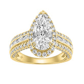 14K Yellow Gold 3.00 Ct Diamond Halo Engagement Ring For Women Elongated 2Ct Pear Cut Center Stone With Round & Baguette Side Stones, Luxury Bridal Ring (Color F-G -Clarity Vs1/Vs2)