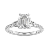 14K White Gold Lab Grown Emerald Cut Diamond Ladies Engagement Ring 1 1/4Ct With Round & Baguette Side Stones 1Ct Emerald Center Stone (Color F-G -Clarity Vs1/Vs2)