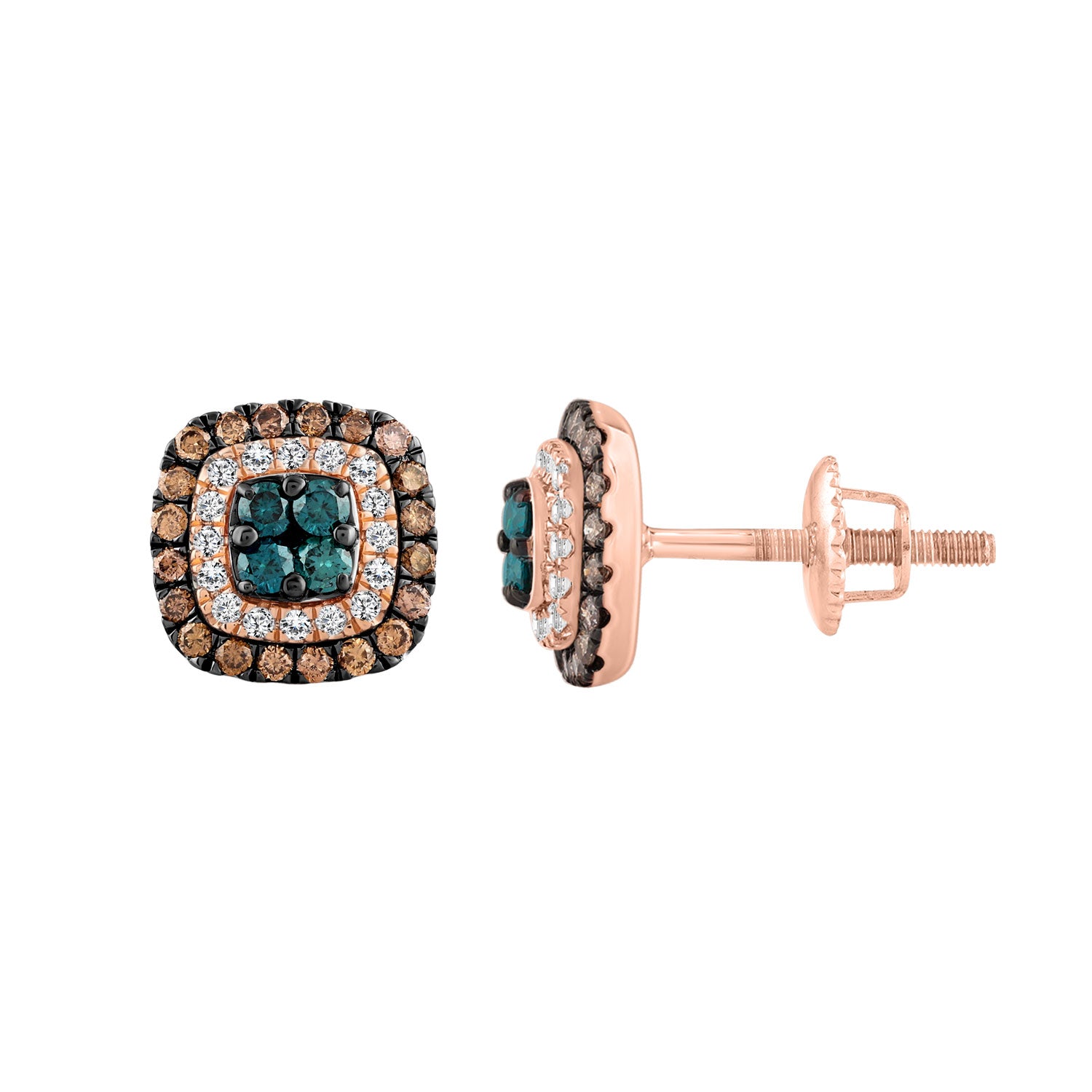 LADIES EARRINGS 1.00CT ROUND/DARK BROWN/BLUE DIAMOND 14K ROSE GOLD