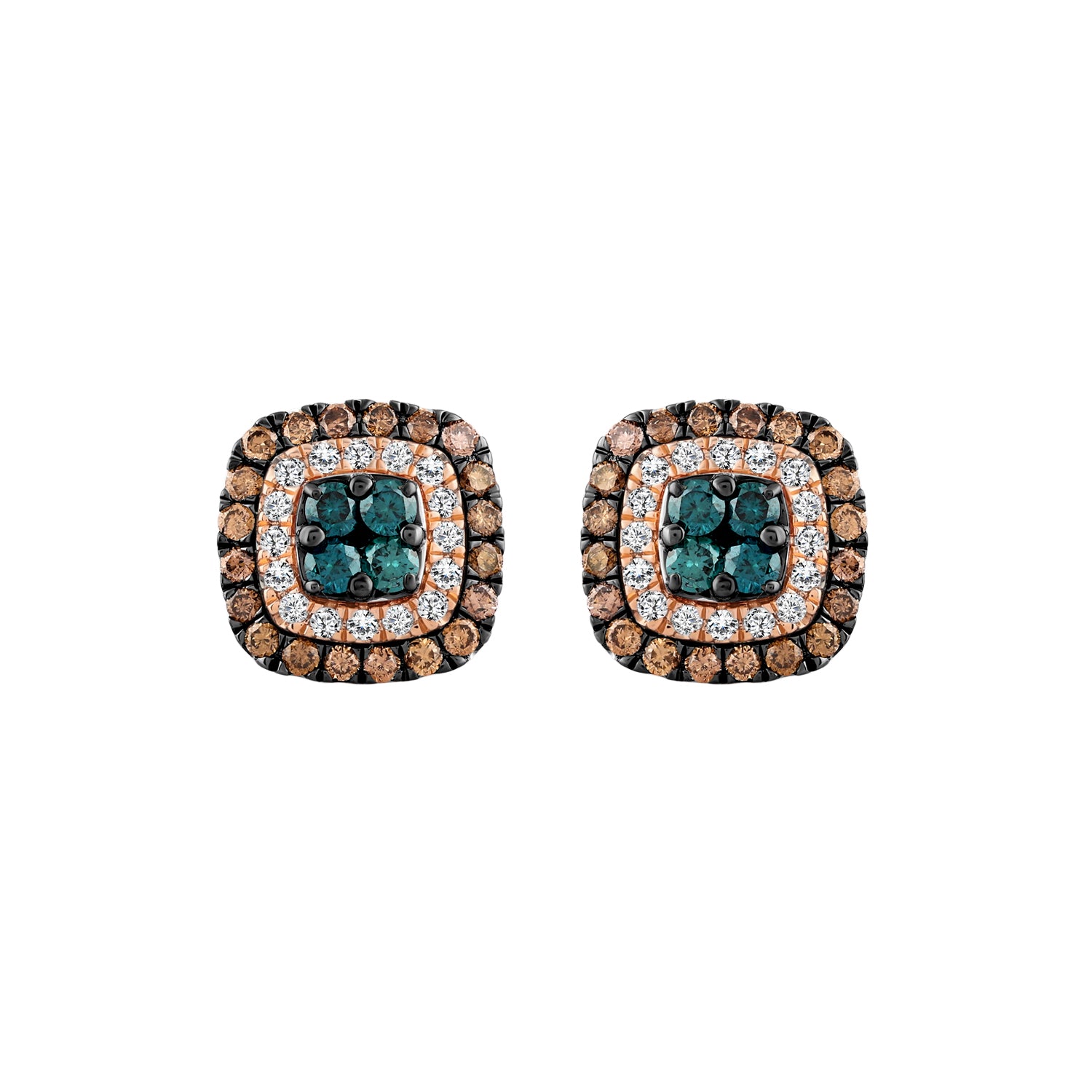 LADIES EARRINGS 1.00CT ROUND/DARK BROWN/BLUE DIAMOND 14K ROSE GOLD