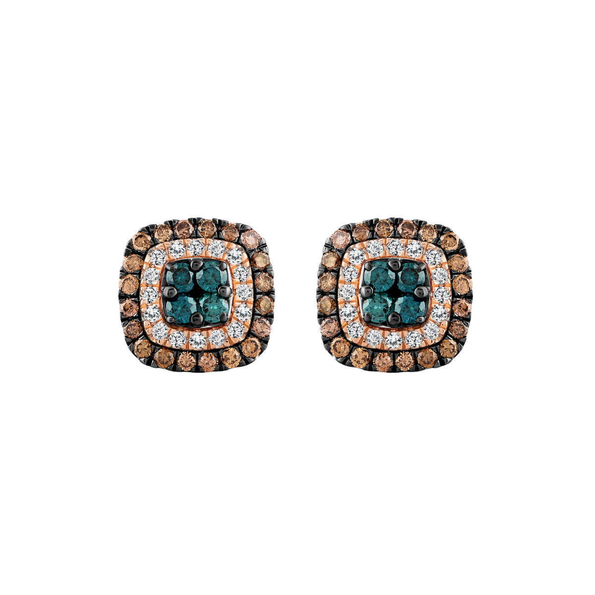 LADIES EARRINGS 1.00CT ROUND/DARK BROWN/BLUE DIAMOND 14K ROSE GOLD
