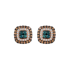 LADIES EARRINGS 1.00CT ROUND/DARK BROWN/BLUE DIAMOND 14K ROSE GOLD