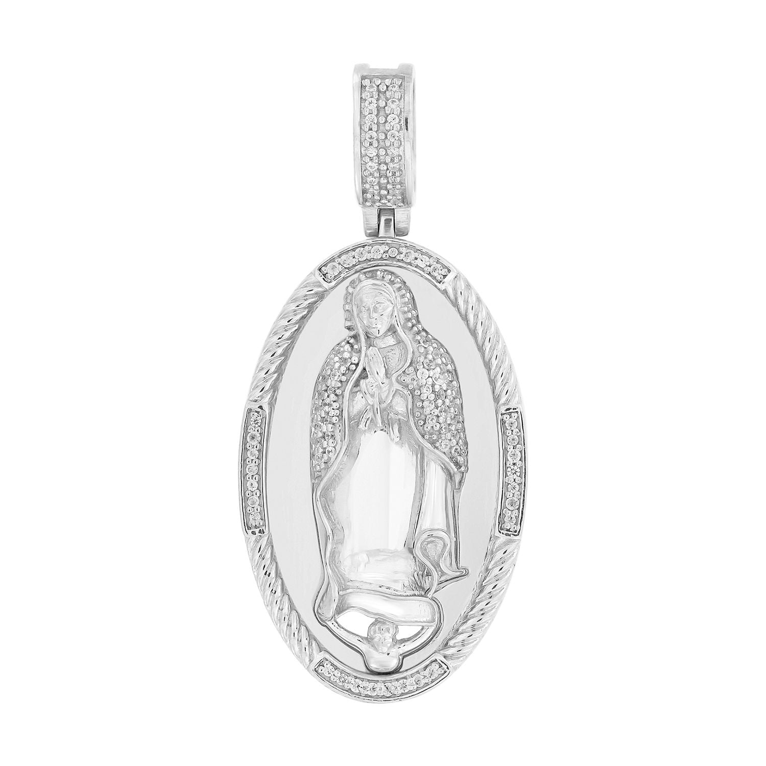 0.25CT Round Diamond Blessed Mother Pendant For Men In Sterling Silver Mary Charm Pendant