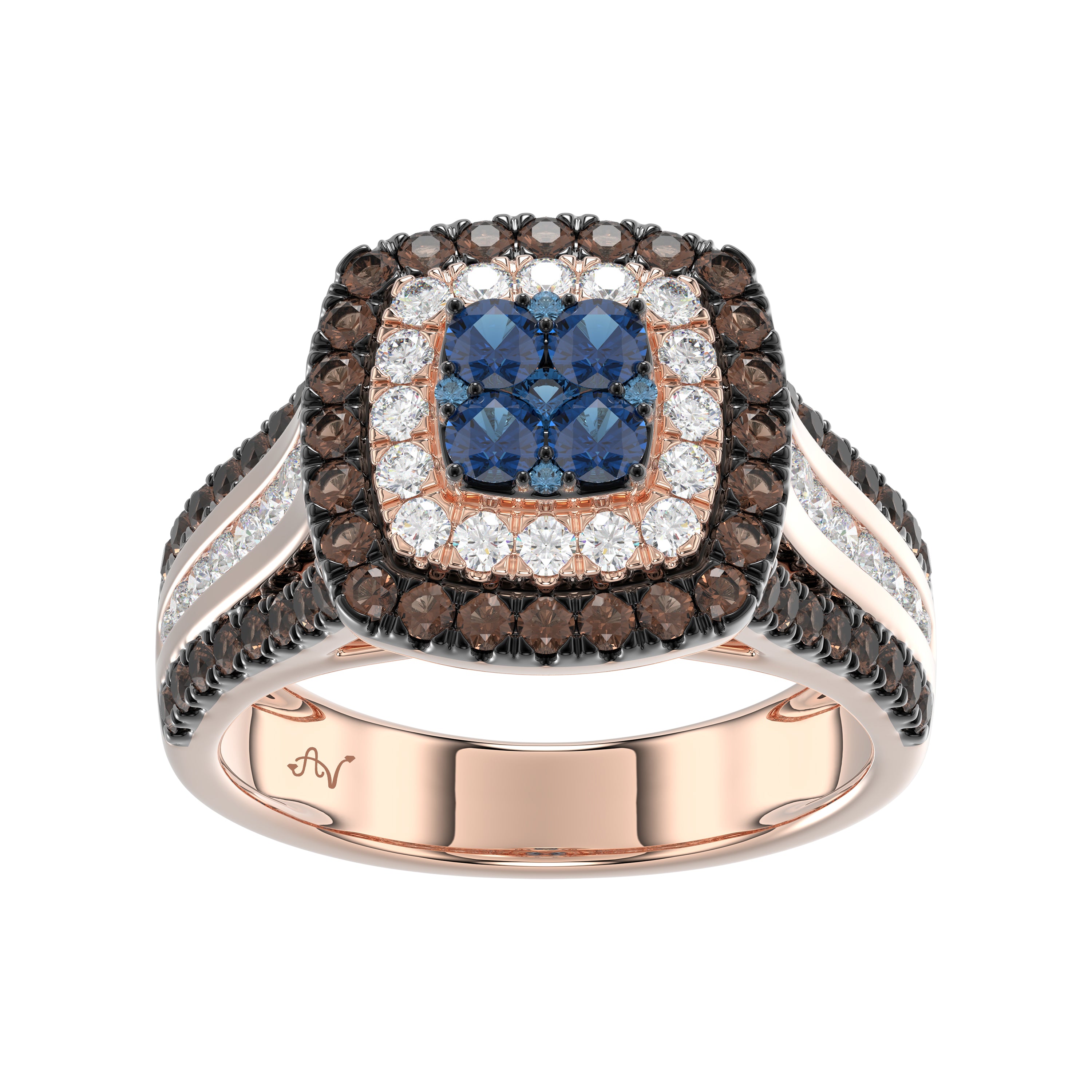 Bold And Elegant 14K Rose Gold Ladies Ring Featuring 1.50Ct Round Diamonds In Blue, Dark Brown , And White Tones. A Striking Multi-Stone Design Perfec