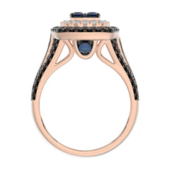 Bold And Elegant 14K Rose Gold Ladies Ring Featuring 1.50Ct Round Diamonds In Blue, Dark Brown , And White Tones. A Striking Multi-Stone Design Perfec
