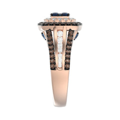 Bold And Elegant 14K Rose Gold Ladies Ring Featuring 1.50Ct Round Diamonds In Blue, Dark Brown , And White Tones. A Striking Multi-Stone Design Perfec