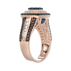 Bold And Elegant 14K Rose Gold Ladies Ring Featuring 1.50Ct Round Diamonds In Blue, Dark Brown , And White Tones. A Striking Multi-Stone Design Perfec