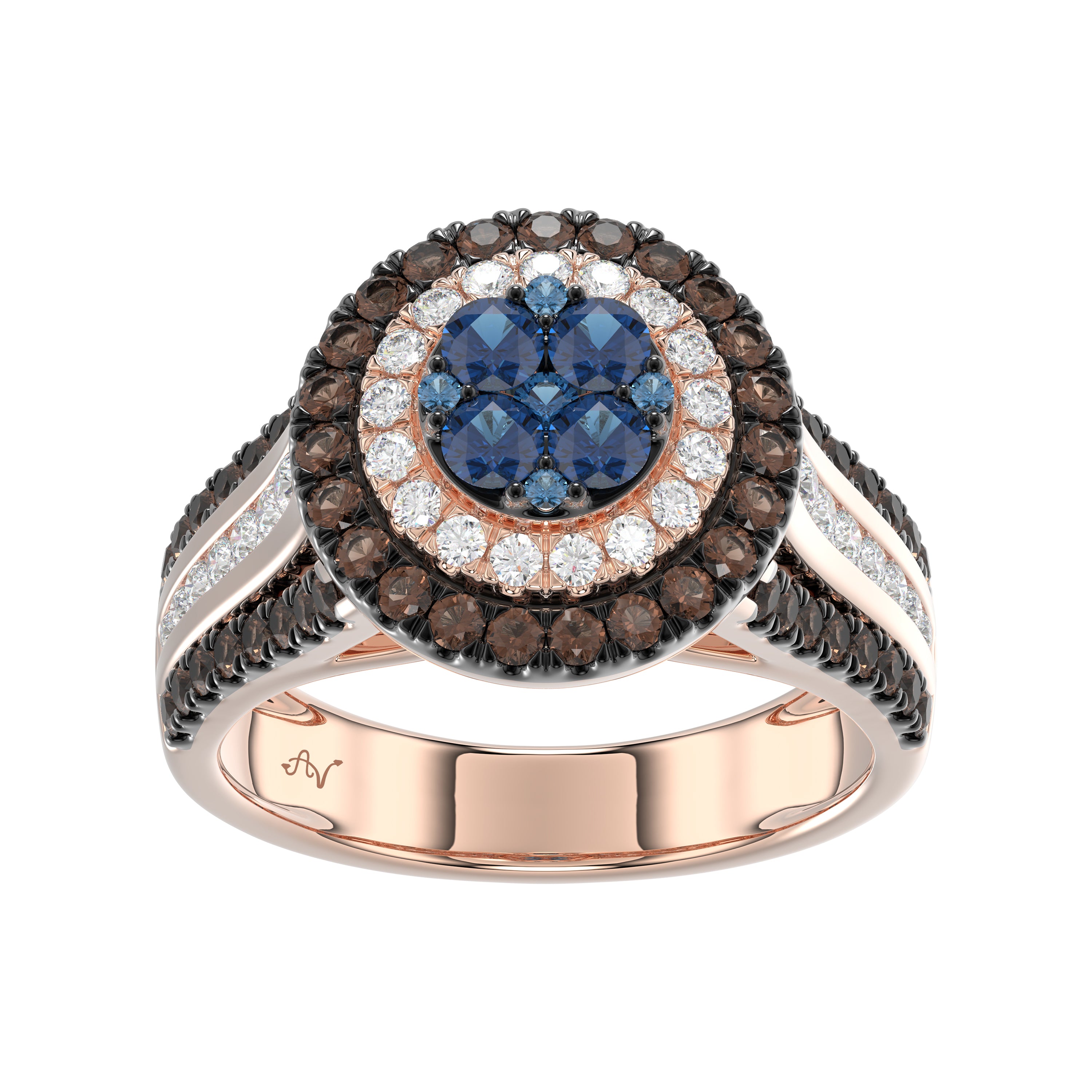14K Rose Gold Multi Color Diamond Halo Ring 1.50Ct Blue, Dark Brown & Round Diamond Ladies Ring