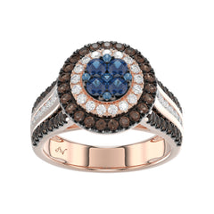 14K Rose Gold Multi Color Diamond Halo Ring 1.50Ct Blue, Dark Brown & Round Diamond Ladies Ring