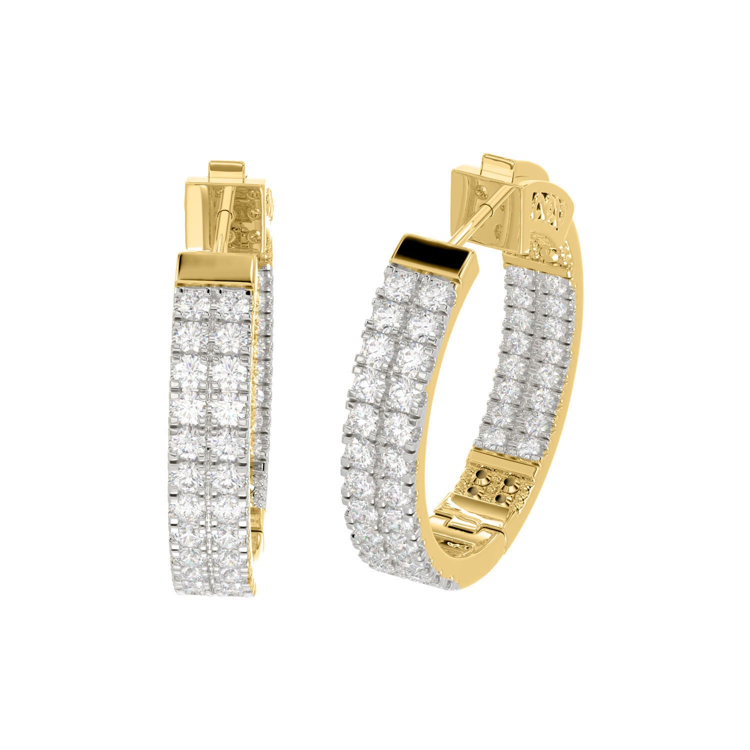 LADIES HOOPS EARRING 3.00CT ROUND DIAMOND 14K YELLOW GOLD IN OUT