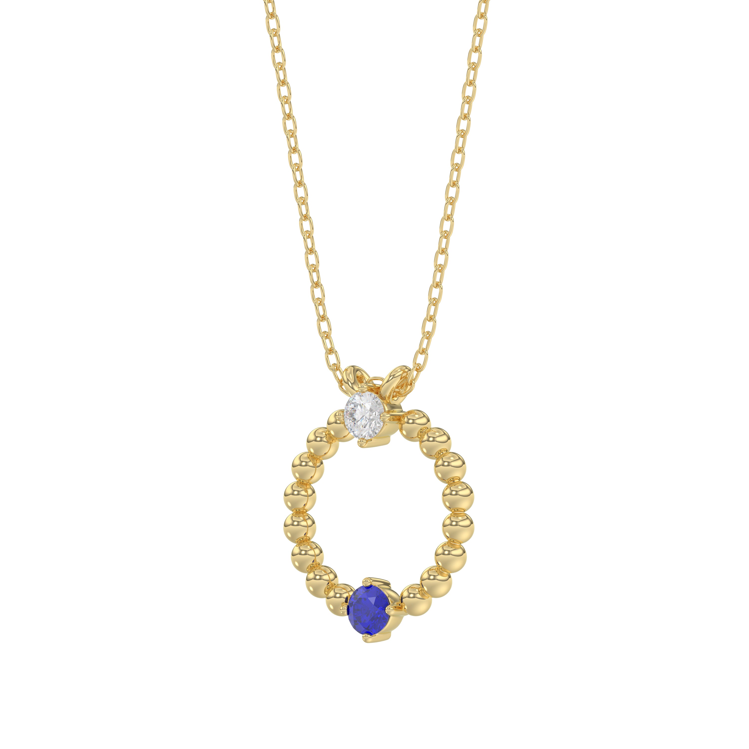 14K Yellow Gold 0.15Ct Blue Sapphire & Diamond Necklace For Women Natural Round Sapphire Ladies Jewelry
