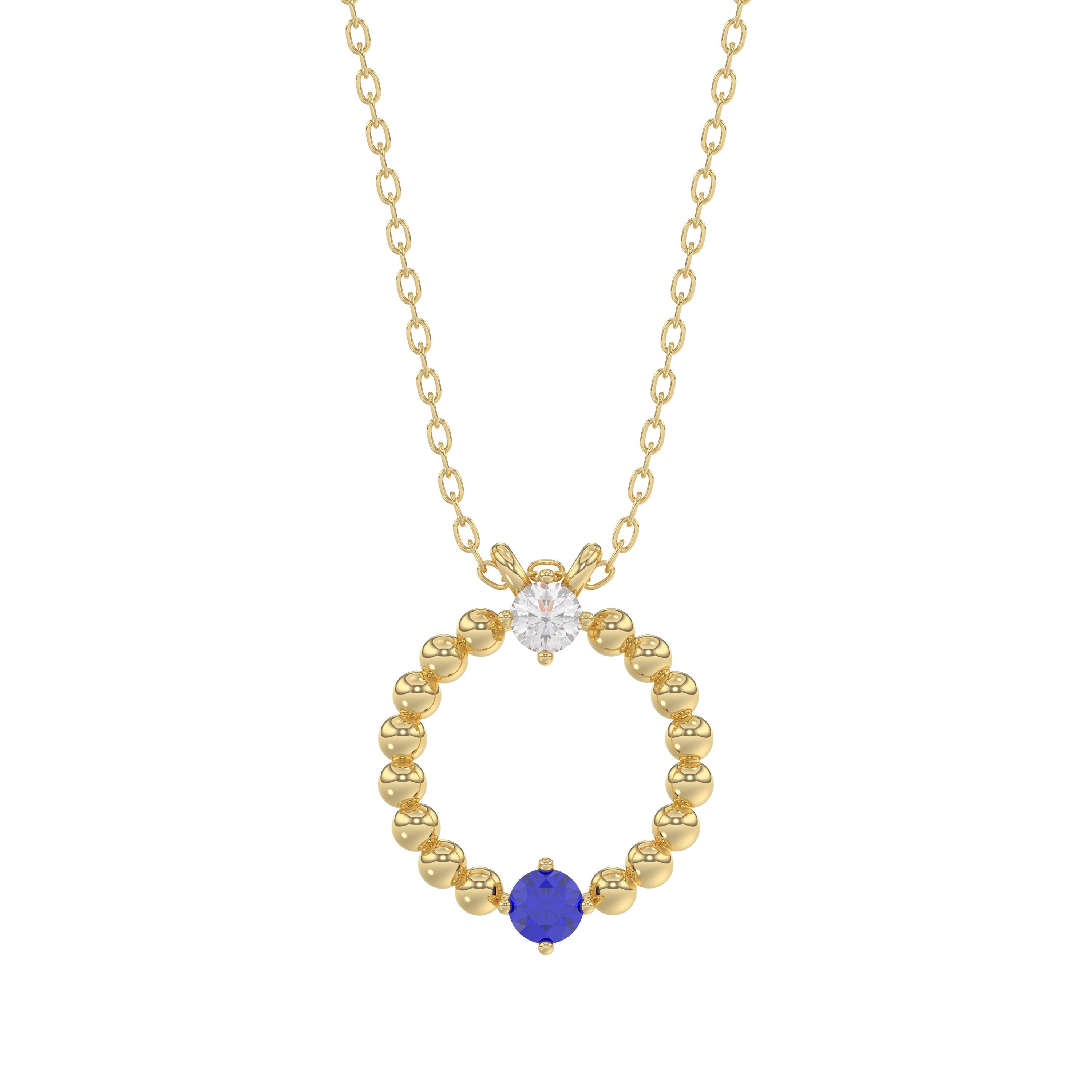 14K Yellow Gold 0.15Ct Blue Sapphire & Diamond Necklace For Women Natural Round Sapphire Ladies Jewelry