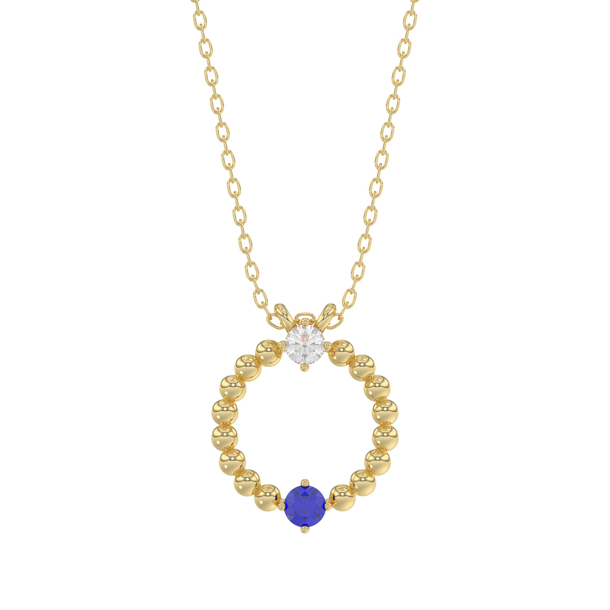 14K Yellow Gold 0.15Ct Blue Sapphire & Diamond Necklace For Women Natural Round Sapphire Ladies Jewelry