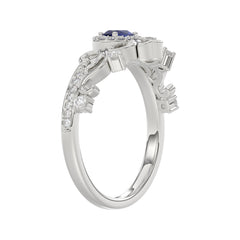 14K White Gold 0.45Ct Blue Sapphire & Round Diamond Engagement Ring For Women Oval Natural Sapphire Fashion Ring (Oval Blue Sapphire 0.30Ct)