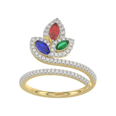 Elegant Multi-Stone 14K White Gold 0.75Ct Ladies Ring With Ruby, Sapphire, Emerald, And Marquise Diamonds. A Classic And Colorful Luxury Jewelry Piece