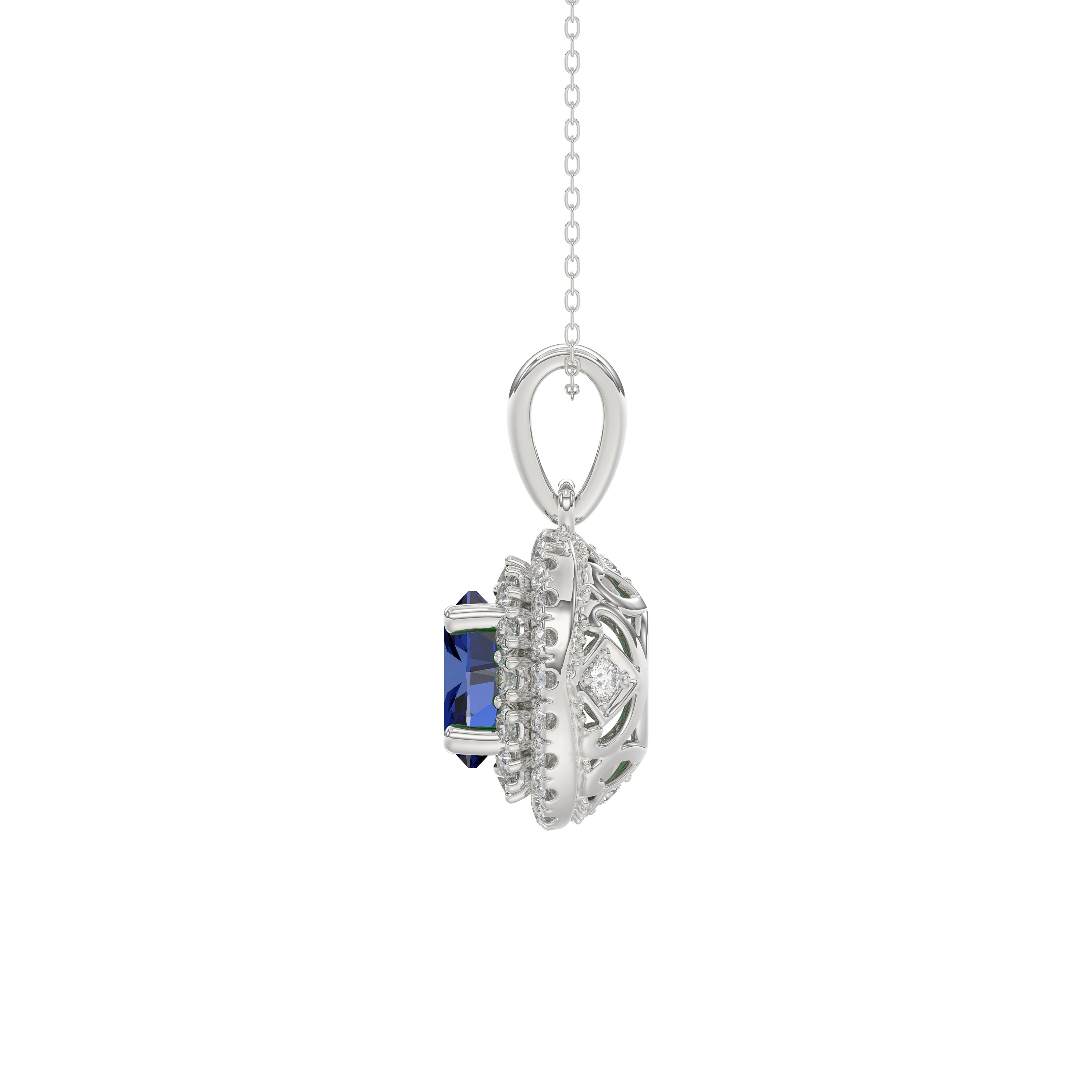 Elegant 14K White Gold Ladies Pendant Featuring Oval Sapphire And Round Diamond Accents 1.16Ct Includes Chain For A Complete Luxury Look.