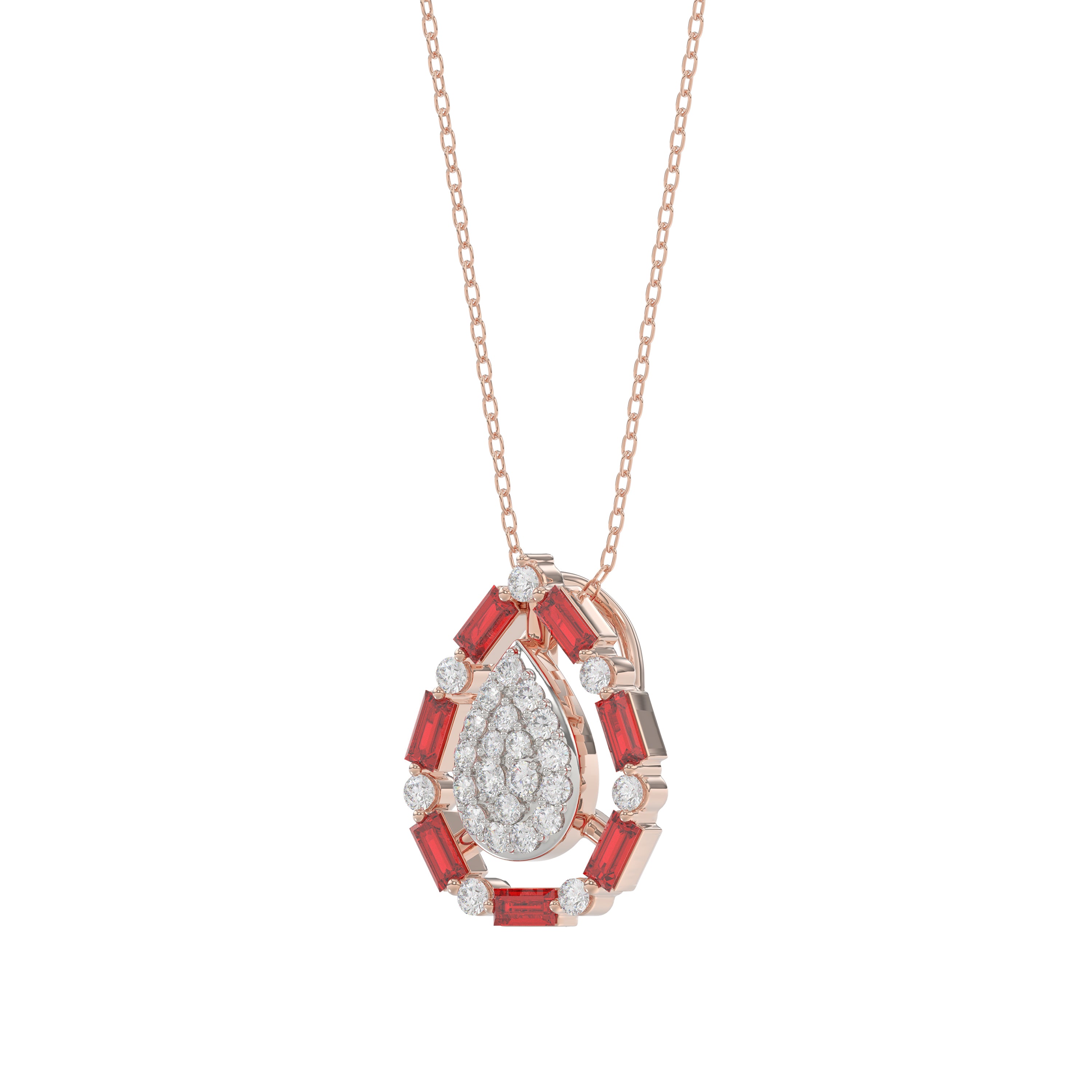 Elegant 14K Rose Gold Ladies Pendant Featuring Ruby And Diamond Accents With Round And Baguette Cut 0.50 Ct. Includes Chain For A Complete Look.