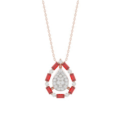 Elegant 14K Rose Gold Ladies Pendant Featuring Ruby And Diamond Accents With Round And Baguette Cut 0.50 Ct. Includes Chain For A Complete Look.