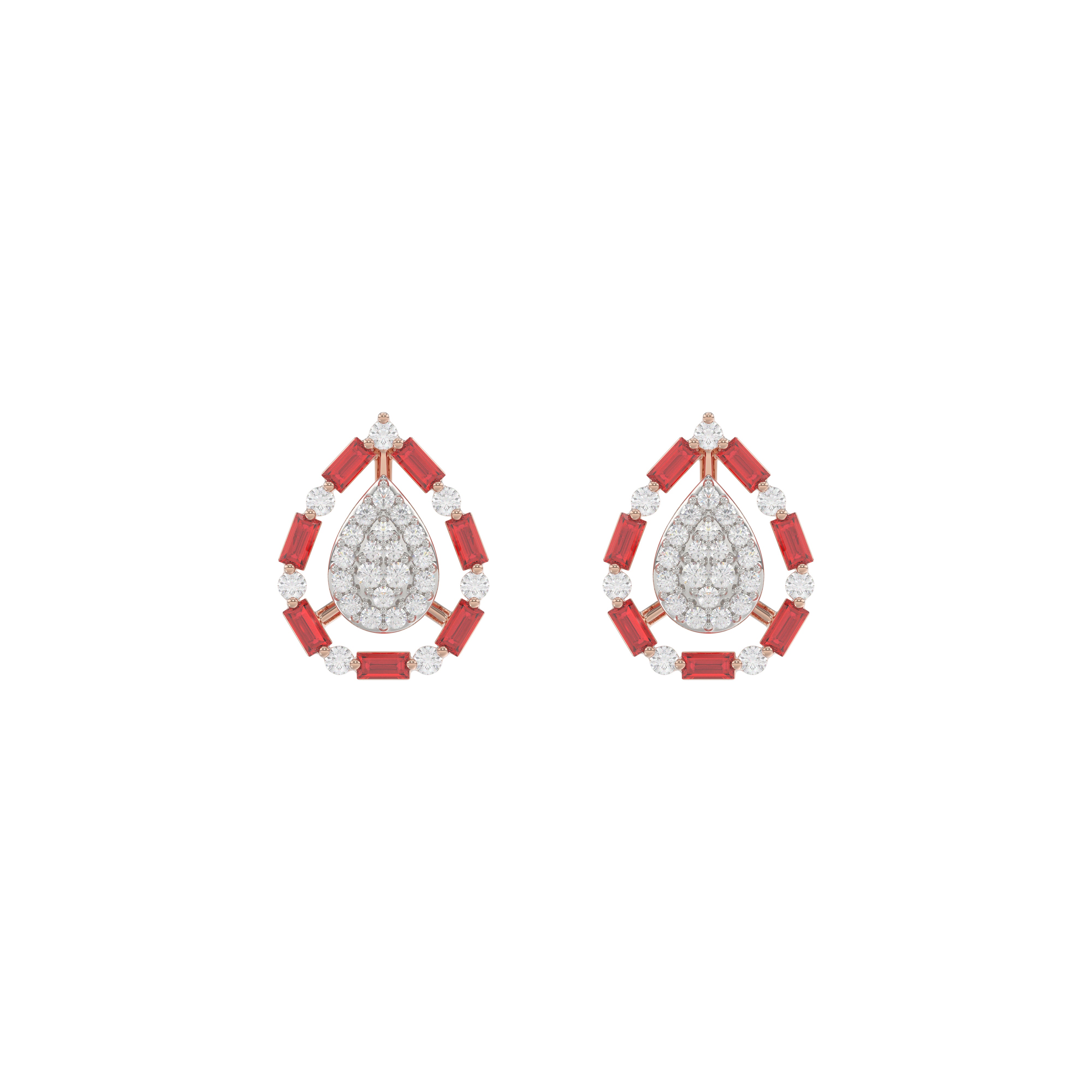 Elegant 14K Rose Gold Ladies Earrings Featuring Ruby And Diamond Accents With Round And Baguette Cuts 0.88Ct. A Luxurious Fine Jewelry Design.