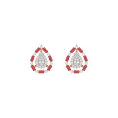 Elegant 14K Rose Gold Ladies Earrings Featuring Ruby And Diamond Accents With Round And Baguette Cuts 0.88Ct. A Luxurious Fine Jewelry Design.