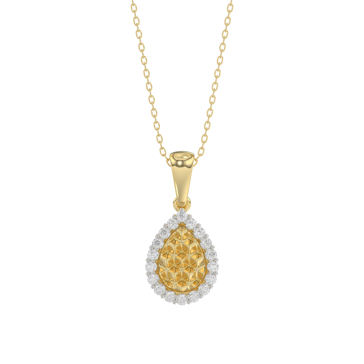 Elegant 10K Yellow Gold Ladies Teardrop Nugget Pendant Featuring A Cluster Of 0.20 Ct Round Diamonds. Includes Chain