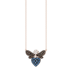 14K Rose Gold Ladies Butterfly Pendant With Colorful Diamond Accents In Blue, Dark Brown, And Round Cuts. A Stylish 0.33 Ct Jewelry Necklace With Chai