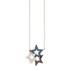 Stylish 14K Rose Gold 0.25Ct Three-Star Necklace Featuring Round, Blue, And Dark Brown Diamonds. A Delicate And Meaningful Ladies Jewelry Piece With C