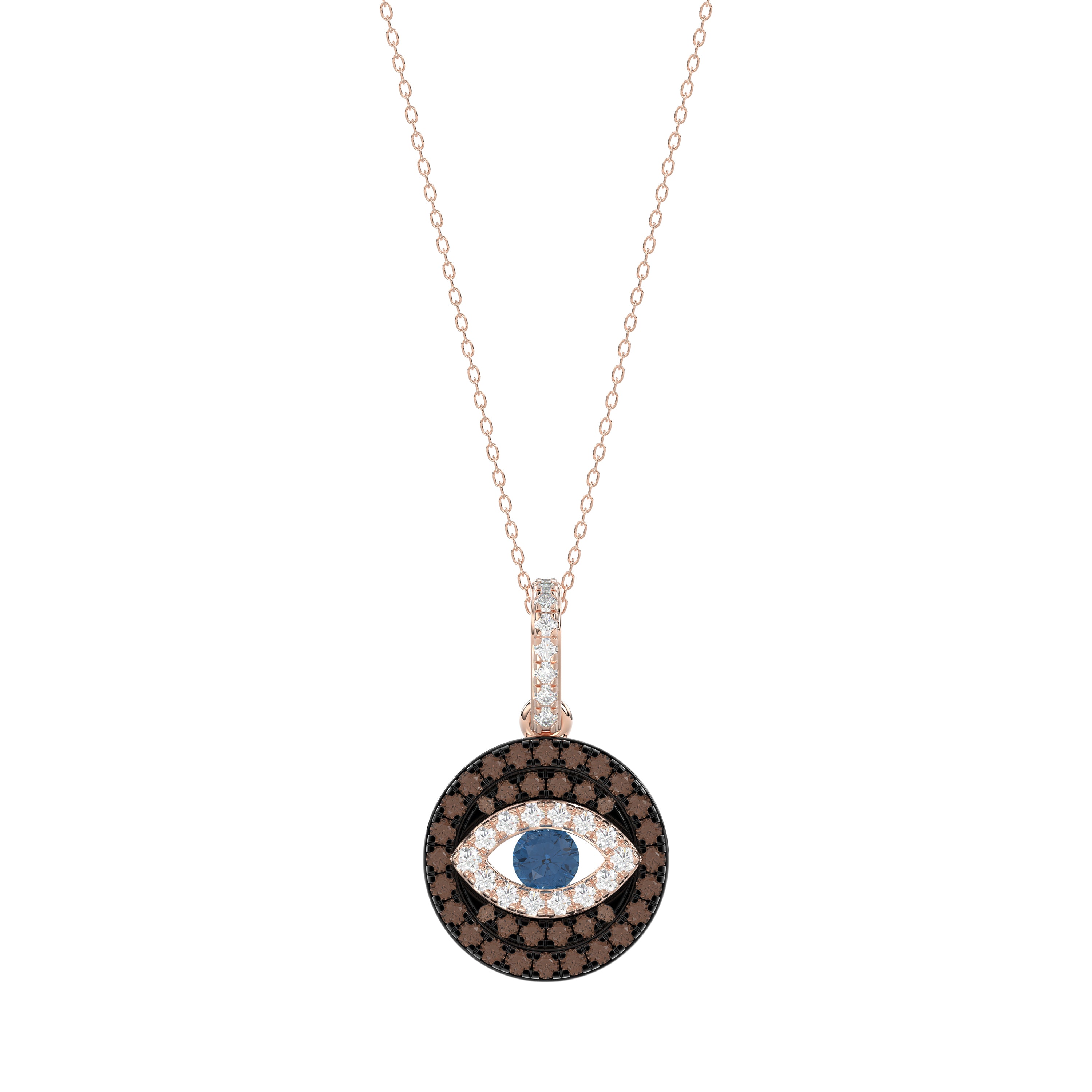 Elegant 14K Rose Gold Evil Eye Pendant For Women Featuring 0.50 Ct Round, Dark Brown, And Blue Diamonds. Includes Chain For A Complete Look.