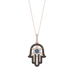 Elegant 14K Rose Gold Hamsa Hand Pendant For Women Featuring 0.50 Ct Round, Dark Brown, And Blue Diamonds. Includes Chain For A Complete Luxury Look.