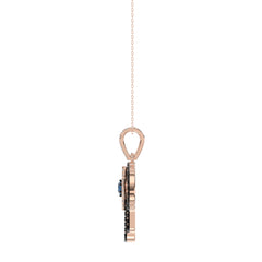 Elegant 14K Rose Gold Hamsa Hand Pendant For Women Featuring 0.50 Ct Round, Dark Brown, And Blue Diamonds. Includes Chain For A Complete Luxury Look.