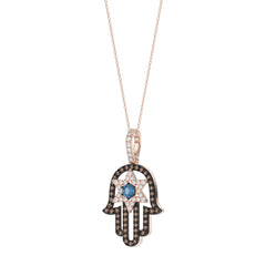 Elegant 14K Rose Gold Hamsa Hand Pendant For Women Featuring 0.50 Ct Round, Dark Brown, And Blue Diamonds. Includes Chain For A Complete Luxury Look.