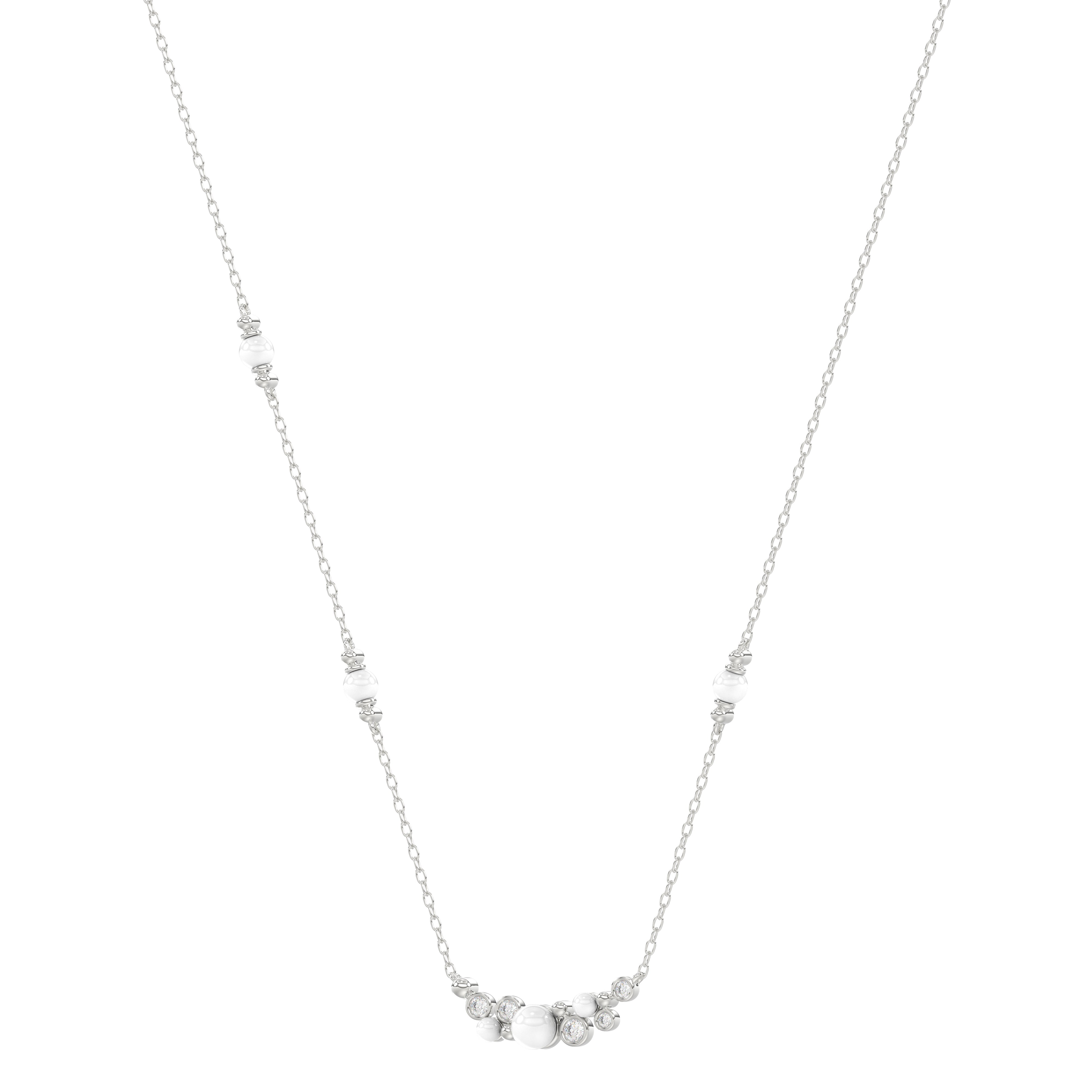 Elegant 14K White Gold Ladies Necklace With Pearl Centerpiece And Round Diamond Accents 0.16Ct. Perfect For Everyday Elegance Or Gifting.