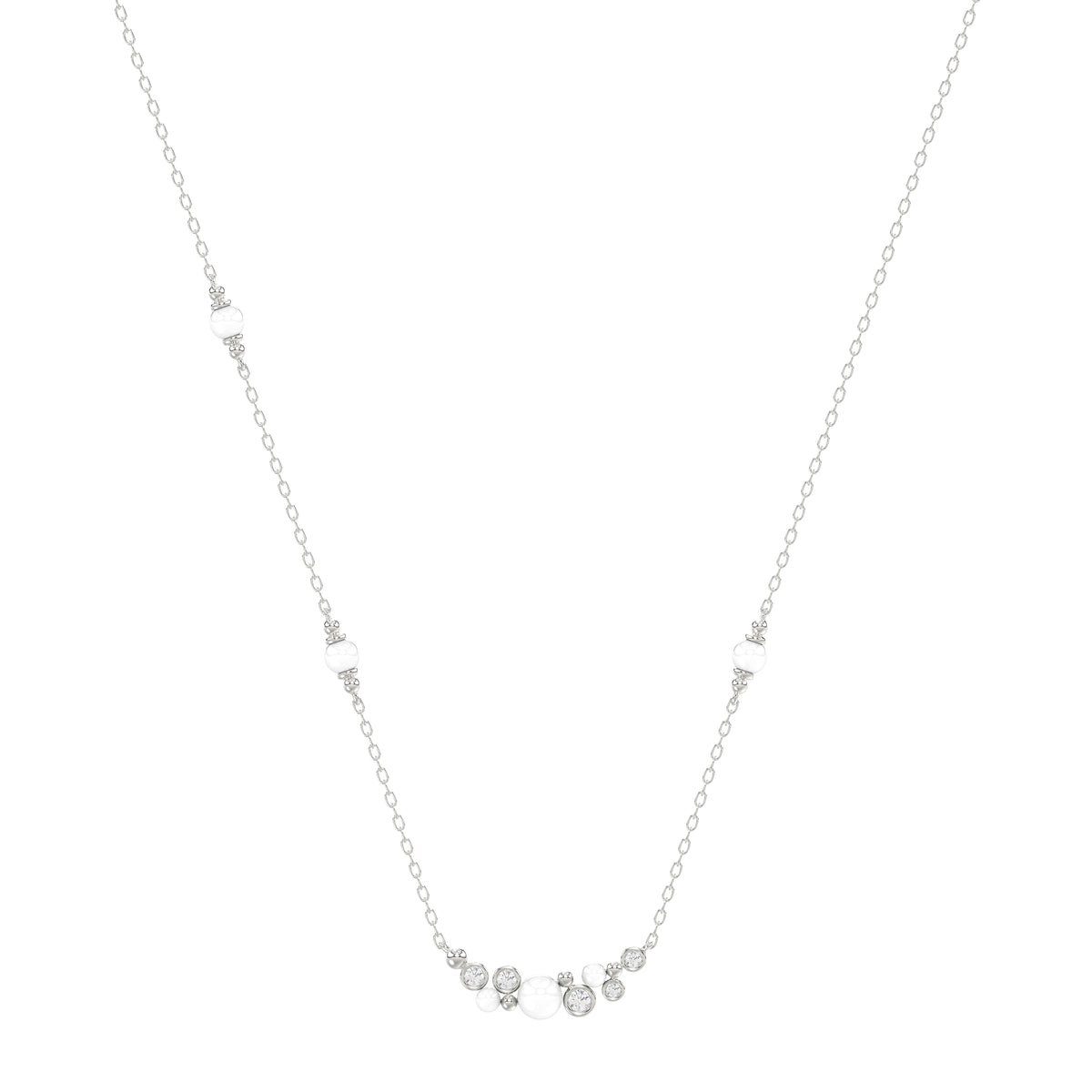 Elegant 14K White Gold Ladies Necklace With Pearl Centerpiece And Round Diamond Accents 0.16Ct. Perfect For Everyday Elegance Or Gifting.