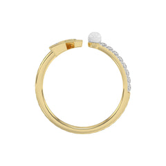 Stylish 10K Yellow Gold Ladies Ring Featuring Letter “R”, Luminous Pearl, And Round Diamond Accents. A Delicate 0.10Ct Fine Jewelry Piece.